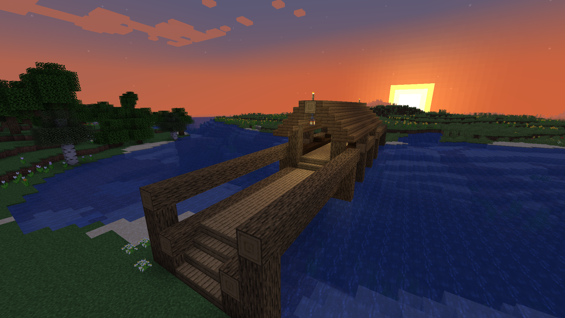 Wooden bridge over a river in Minecraft